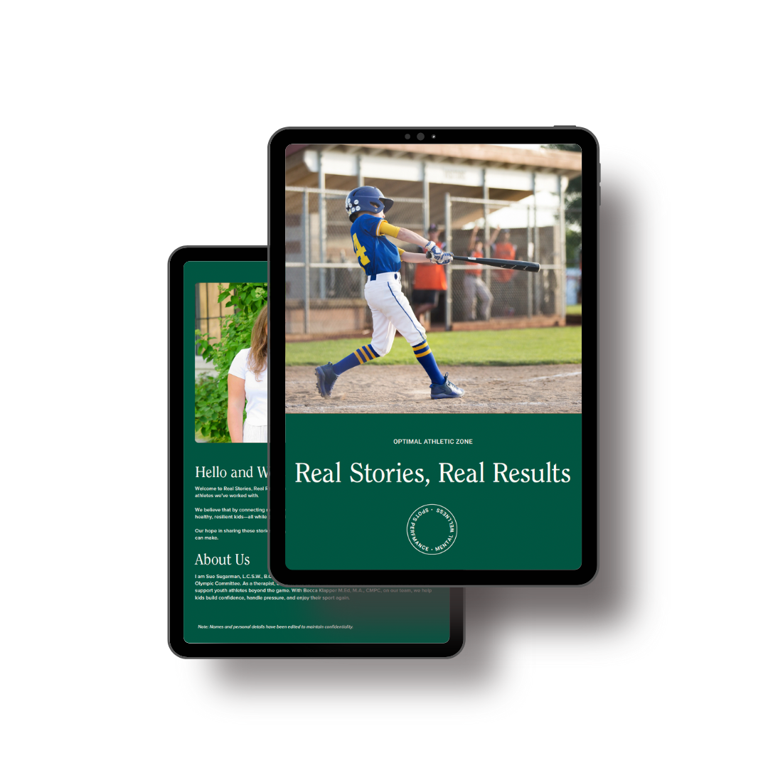 Two promotional tablets displaying Real Stories, Real Results, with the front tablet showing a young baseball player swinging a bat on a baseball field.