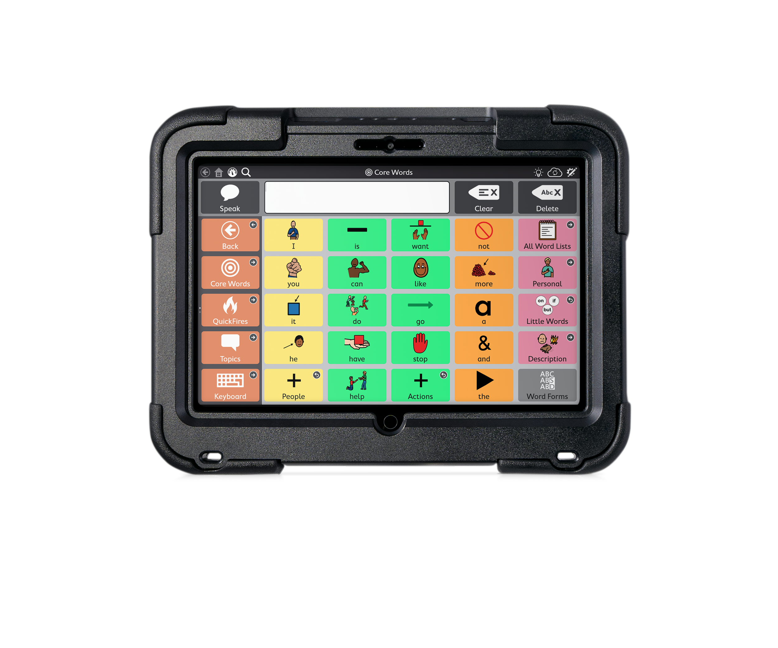Tablet met interface van een spraak- en communicatie-app, met kleurrijke knoppen en pictogrammen voor kernwoorden en zinnen, in een beschermende hoes.