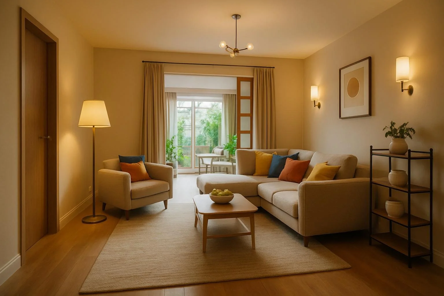 Living room with beige sofa and armchair, wooden coffee table with bowl of fruit, floor lamp, wall sconces, artwork, and sliding glass door leading to a balcony with outdoor seating and greenery.