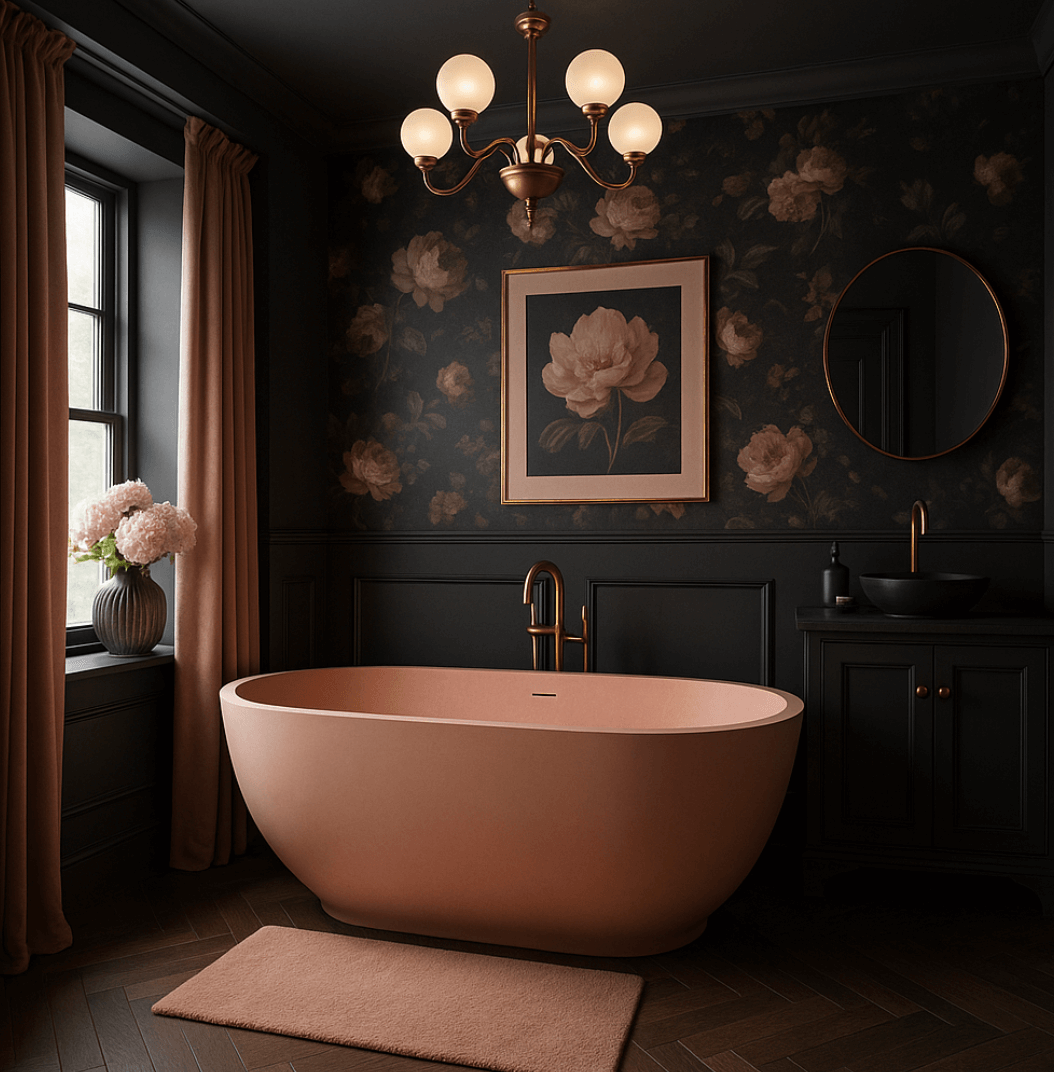 A bathroom with a black floral wallpaper, a modern freestanding pink bathtub, a window with pink curtains, a side cabinet with a sink and round mirror, a flower painting, and a chandelier with five white globes.