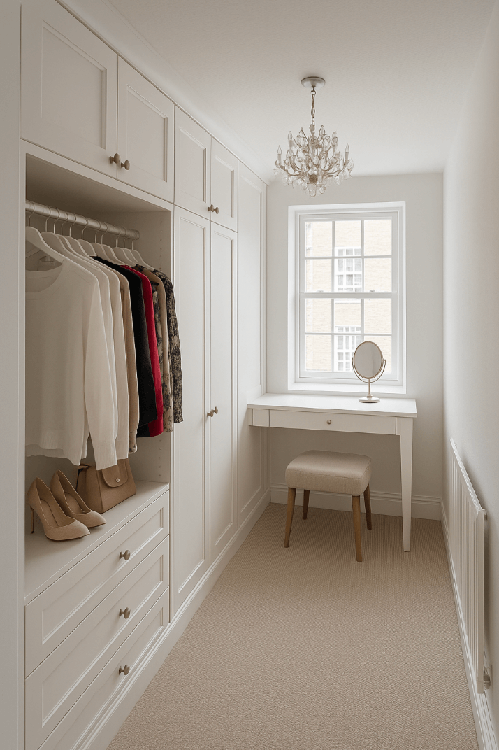 A walk-in closet with white cabinetry, hanging clothes, beige high-heeled shoes, and a small vanity table with a mirror, a beige stool, a window, and a chandelier.