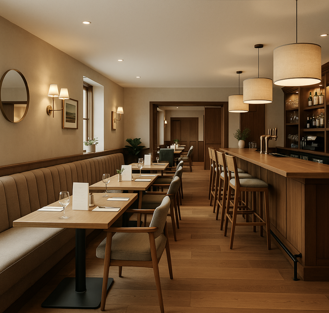 Elegant restaurant interior with wooden furniture, tables set with glasses and menus, bar area with pendant lights, and warm lighting.