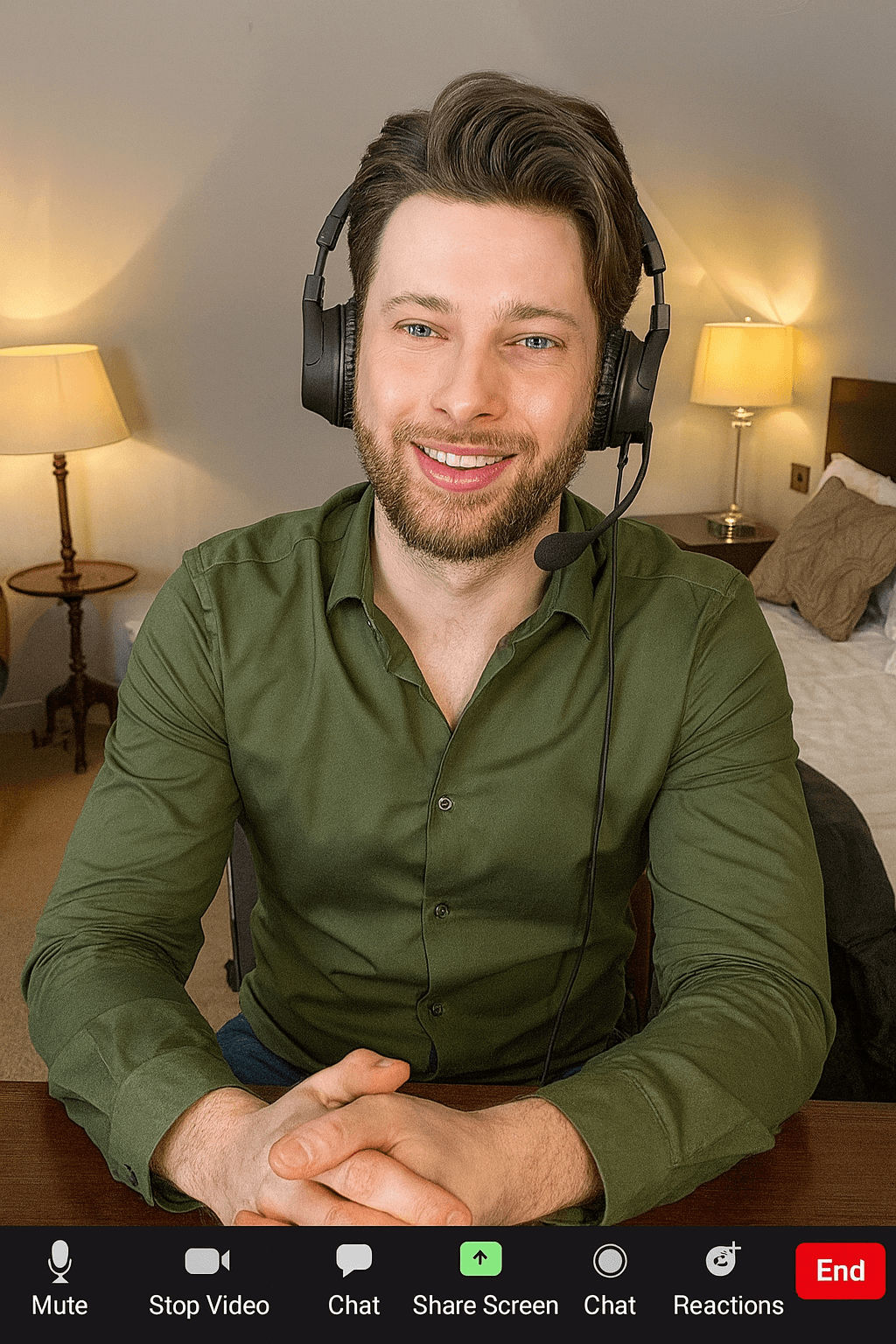 A man with a beard and blue eyes wearing a green button-up shirt and a headset, sitting at a desk in a bedroom with lamps and a bed in the background.