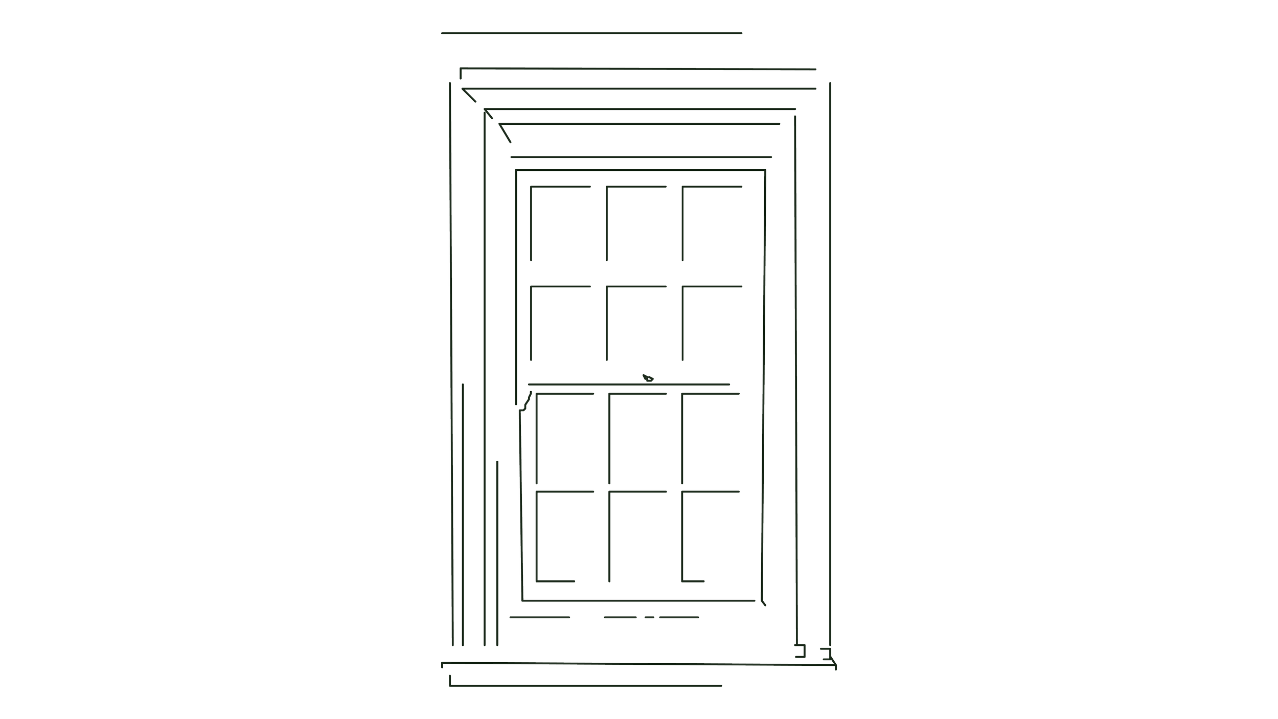 Outline drawing of a tall window with a grid of multiple panes, framed by decorative trim.
