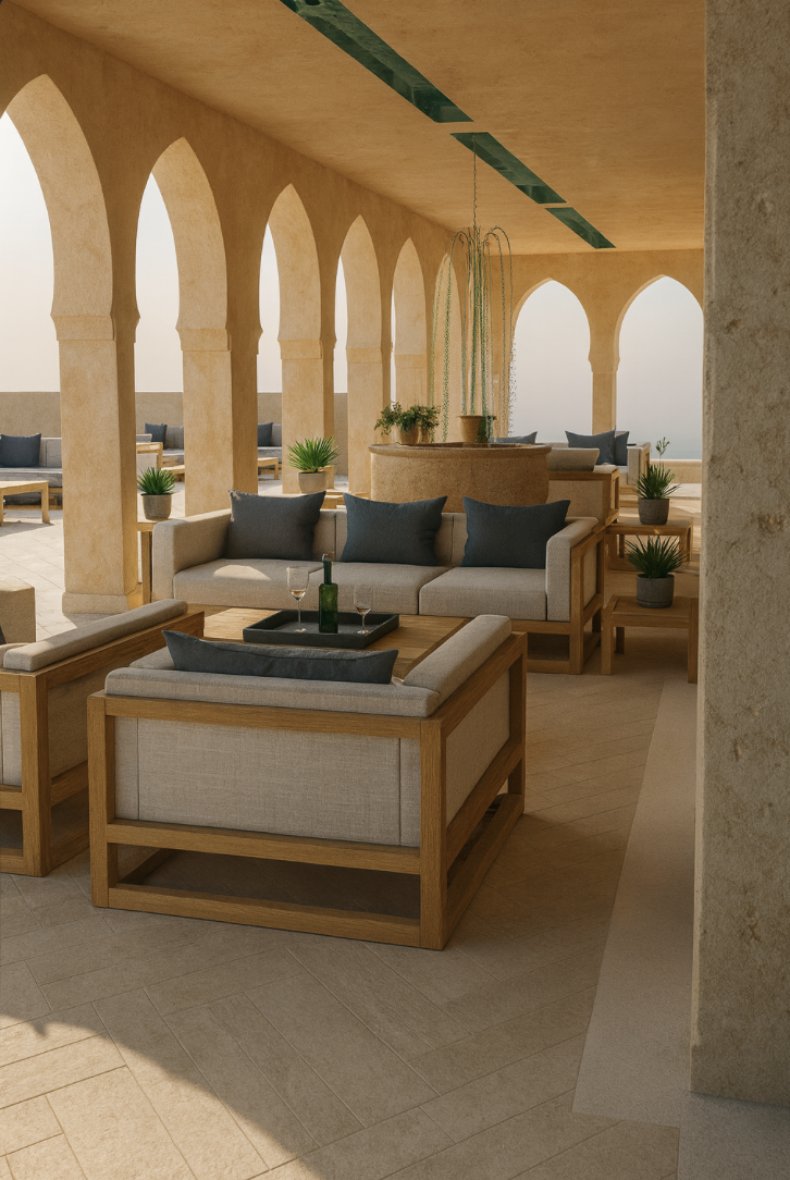 Open-air terrace with beige stone arches, furnished with beige sofas, dark blue pillows, wooden tables, potted plants, and a glass of wine on a tray, overlooking a bright view.