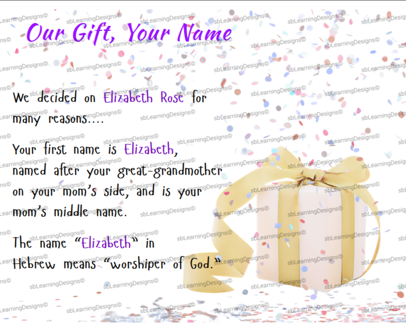 A decorated gift box with a yellow ribbon and bow, surrounded by colorful confetti, with text explaining the significance of the name Elizabeth and a birthday message.