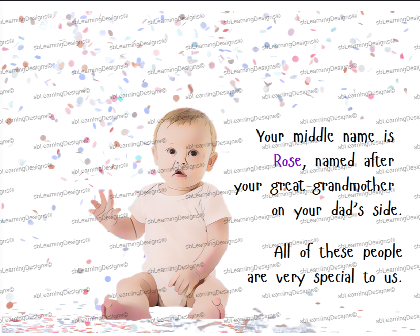 A baby sitting amidst colorful confetti with a sentimental message about grandmothers and loved ones.