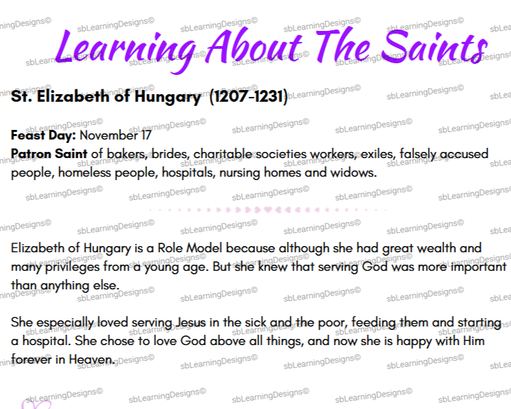 Text-based educational content about St. Elizabeth of Hungary, including her life, feast day, and role as a Catholic saint, with a purple title reading 'Learning About The Saints.'