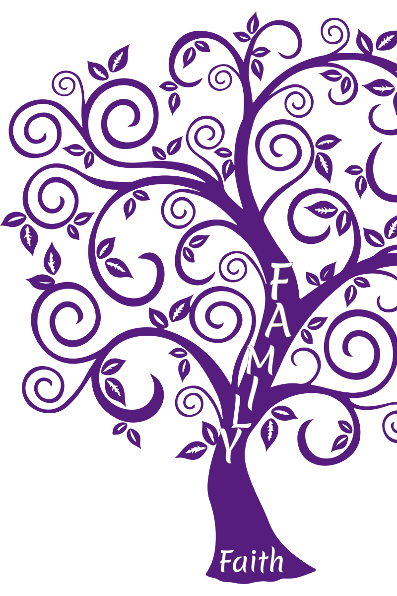 A purple tree with swirling branches and leaves on a black background. The word "FAMILY" is written vertically along the trunk, and the word "Faith" is written at the base of the trunk.