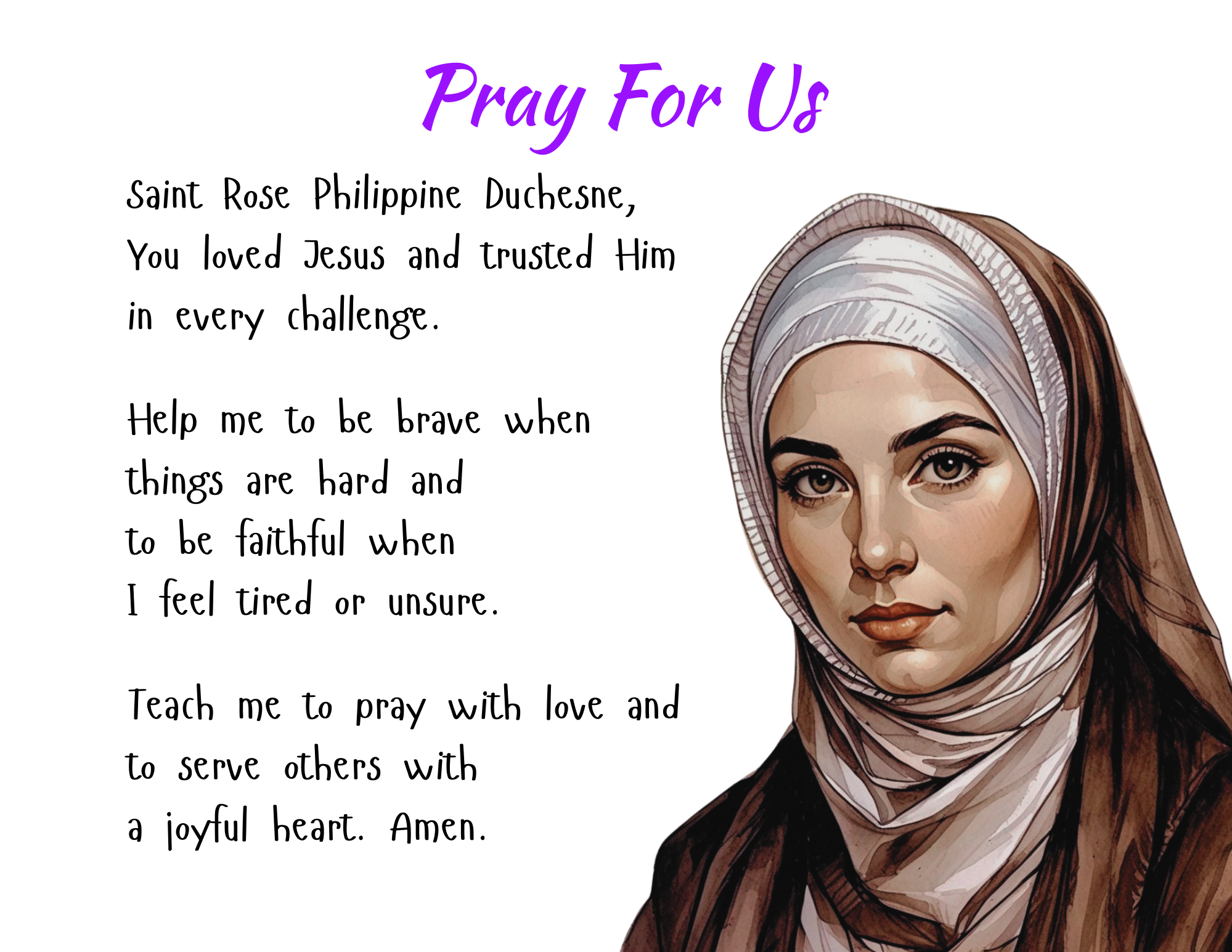 Digital illustration of Saint Rose Philippine Duchesne, with expressive eyes and full lips, against a white background with text.