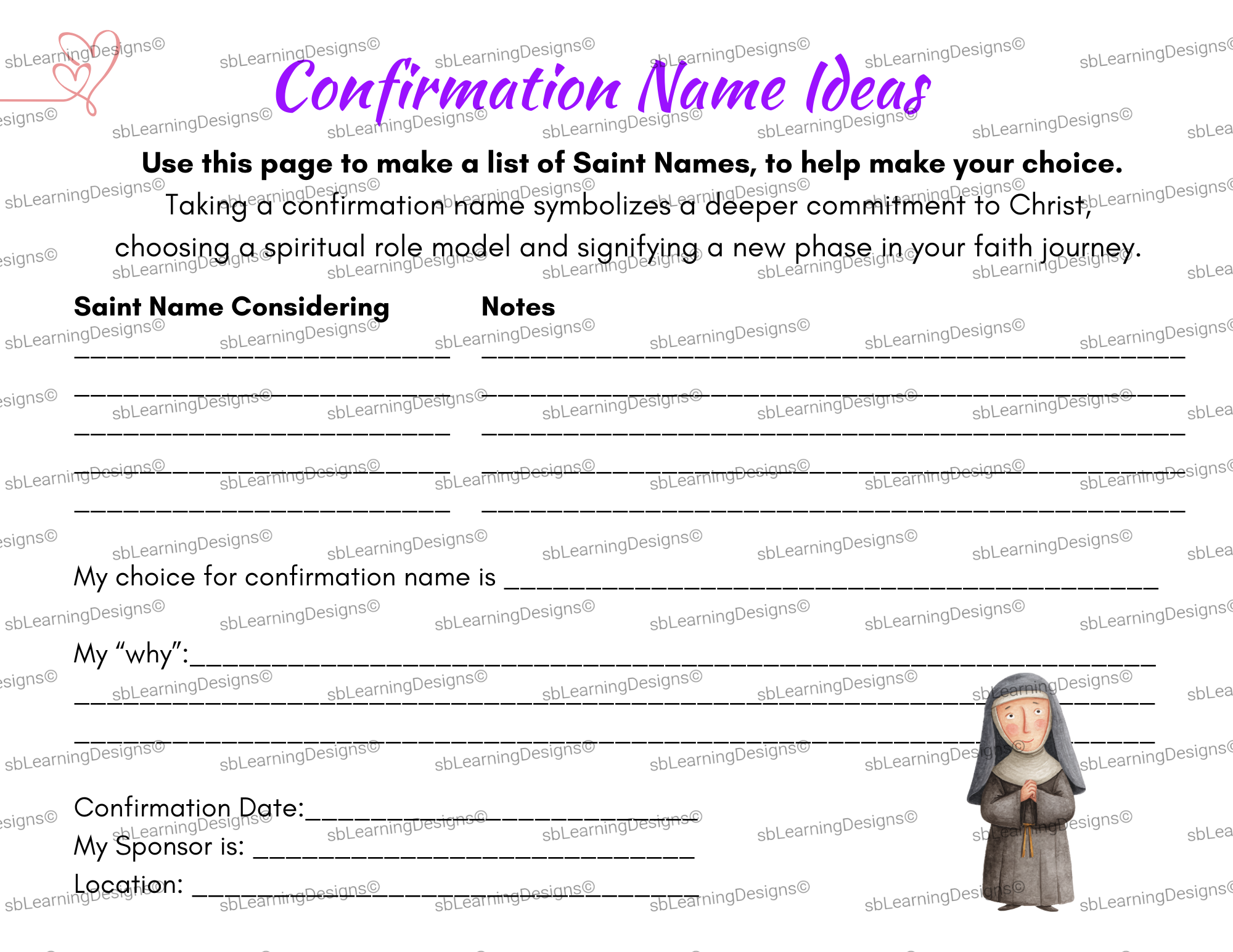 Confirmation name ideas worksheet with sections for saint name considering, notes, confirmation name choice, reasons, confirmation date, sponsor, and location. Features a small illustration of a nun in habits at the bottom right corner.