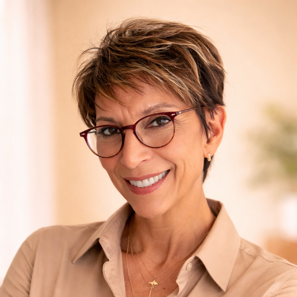 Woman with short hair smiling indoors, wearing earrings and a necklace.