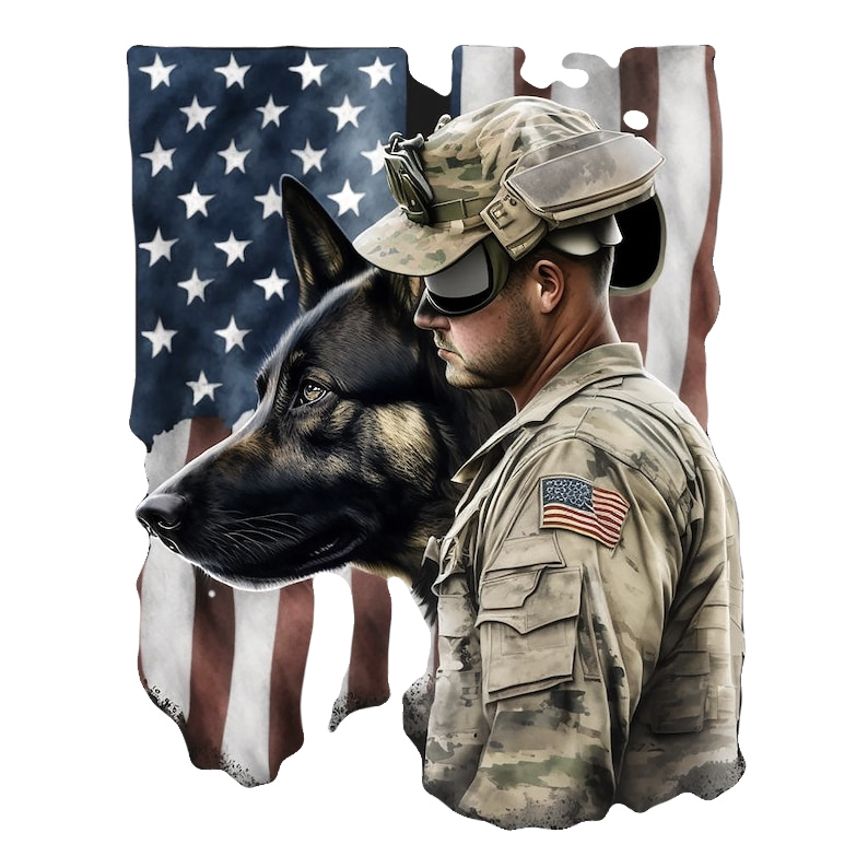 A soldier in camouflage uniform with an American flag patch stands beside a German Shepherd in front of a U.S. flag backdrop.