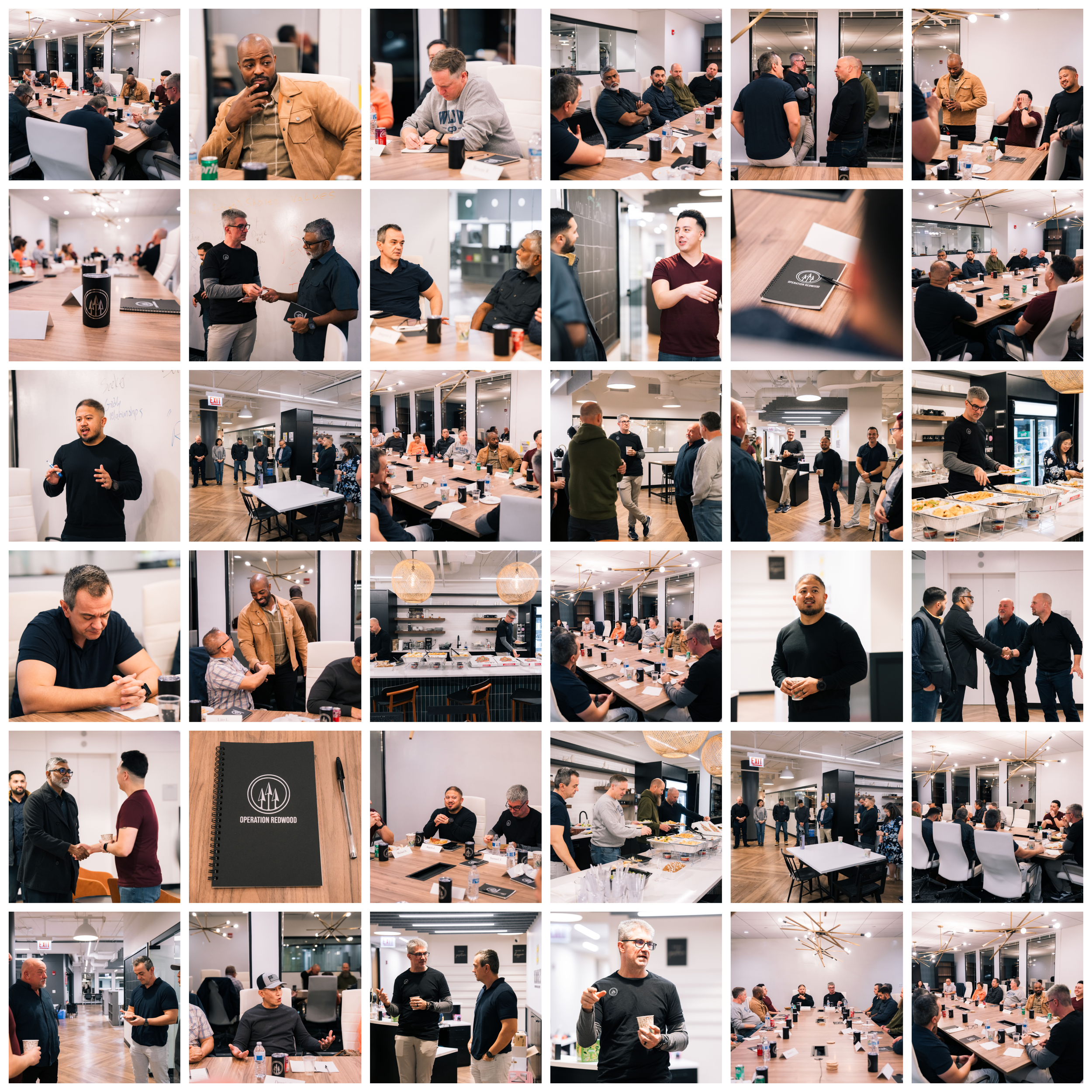 Business meeting and networking event in a modern office with people interacting, presenting, and dining, featuring conference tables, presentation materials, and catering.