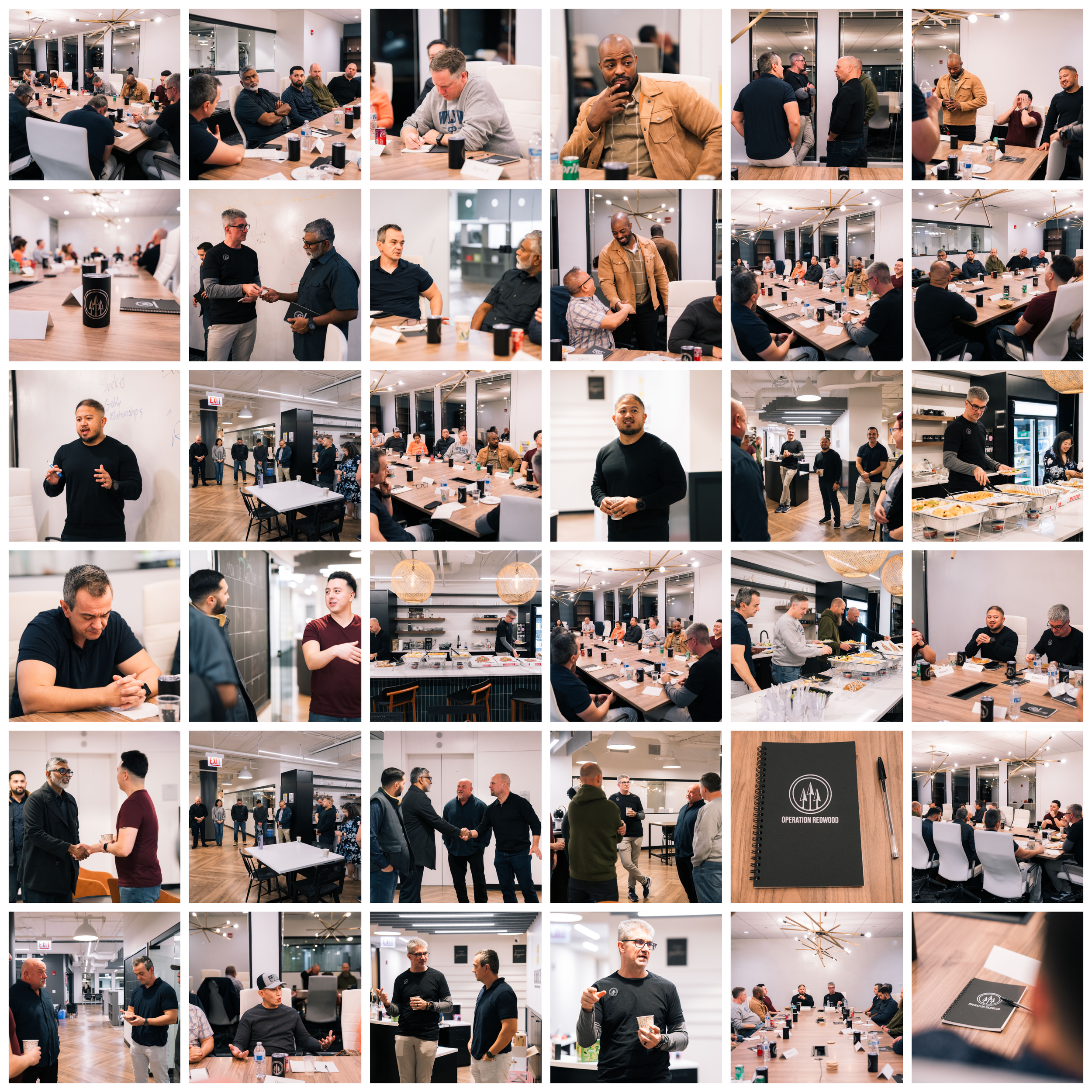 Group of people participating in a business meeting or networking event in a modern conference room and kitchen area, with some people sitting at tables, others engaging in conversations, and a few giving presentations or handshaking.