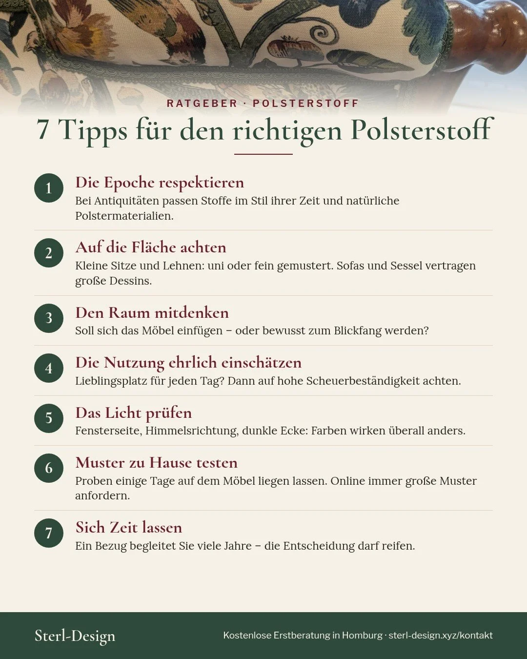 Infografik: 7 Tipps für den richtigen Polsterstoff – Epoche, Fläche, Raum, Nutzung, Licht, Stoffmuster, Zeit
