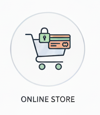 Shopping cart icon with a lock and credit card, labeled 'Online Store'.