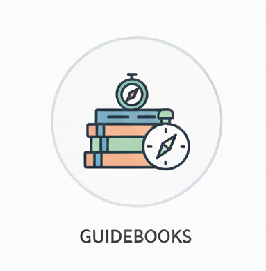 Stacked books with a stopwatch and compass icon, labeled 'Guidebooks'.