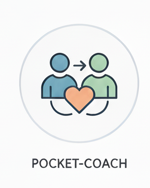 Illustration of two people with a heart between them and an arrow pointing from one to the other, labeled 'Pocket-Coach'.