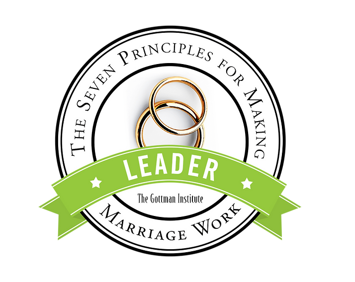 Badge with rings and text about the seven principles for making marriage work, from the Gottman Institute, indicating a leader in marriage counseling or education.