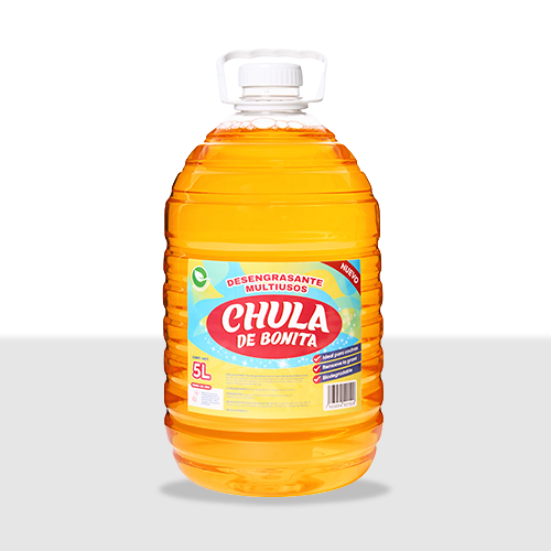 Botella de desengrasante multiusos "Chula de Bonita" de 5 litros con tapa roja y etiqueta verde y roja.