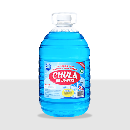 Botella de limpiador Chula de Bonita de 5 litros, con etiqueta azul y roja, diseño de ventana limpia y cielo.