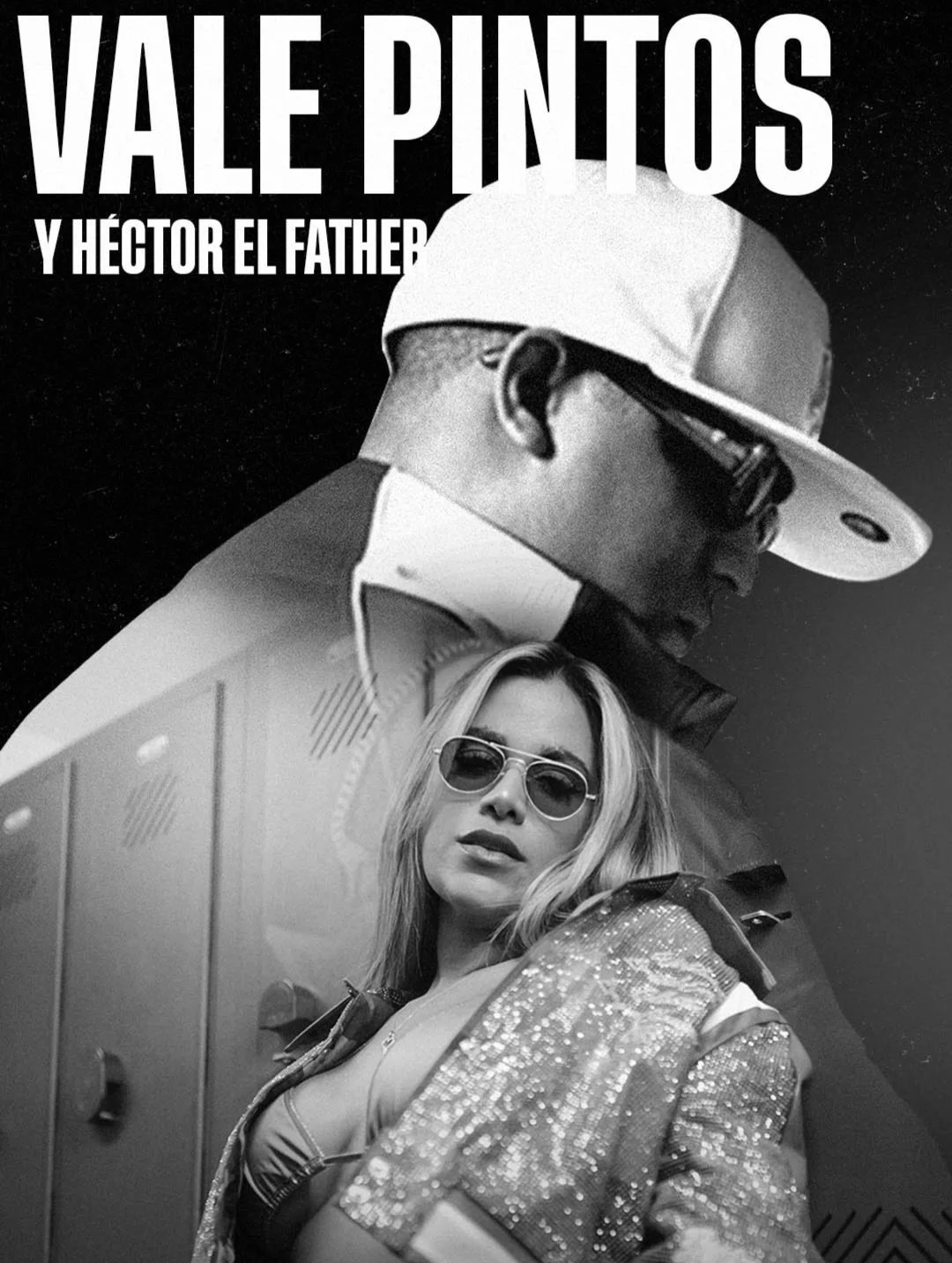Black and white image featuring a man in a baseball cap and sunglasses and a woman with sunglasses and curly hair, both looking off to the side. The man is wearing a jacket and the woman is wearing a shiny, sequined jacket.