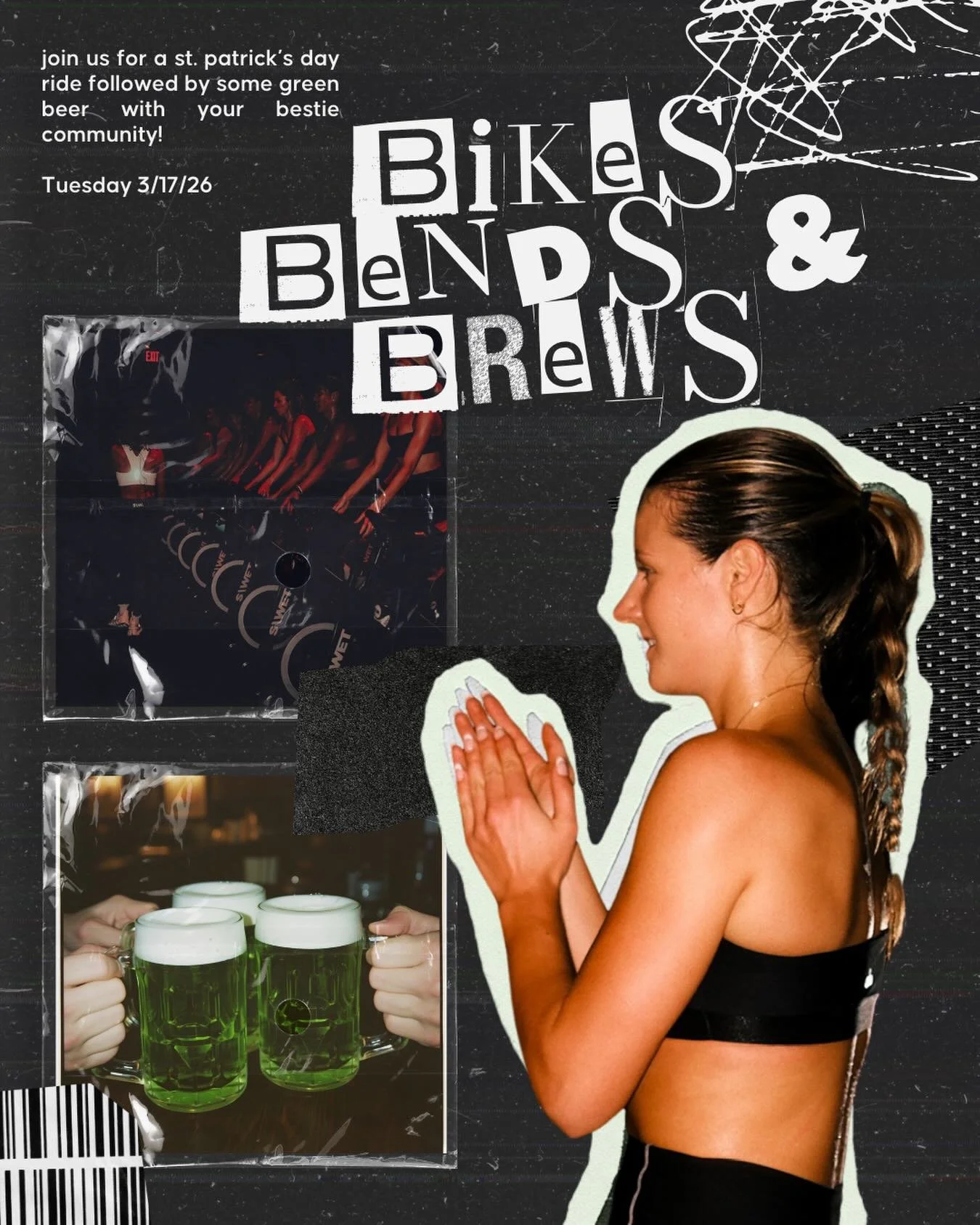 Community is our favorite workout, and spots are filling up 🍀

Reminder that Tuesday 3.17 we&rsquo;re celebrating St. Patrick&rsquo;s Day with Bikes Bends + Brews. We&rsquo;ll ride or train together, then stick around for green beers and good compan