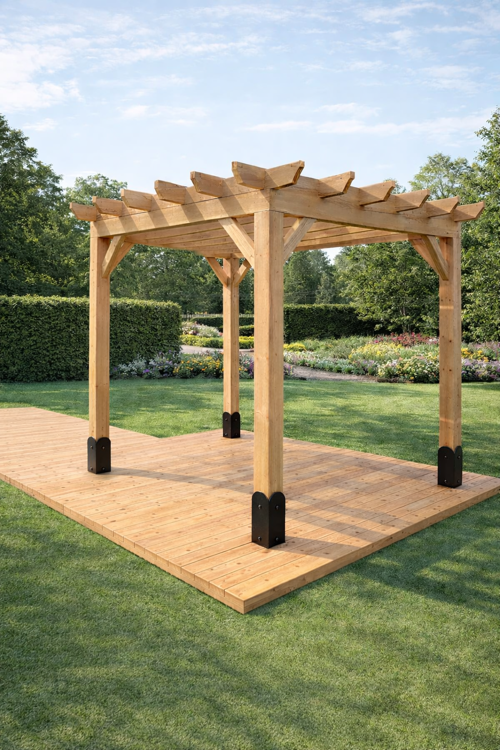 A wooden pergola with four posts on a wooden deck in a garden with green grass, trees, bushes, and flowering plants under a partly cloudy sky.