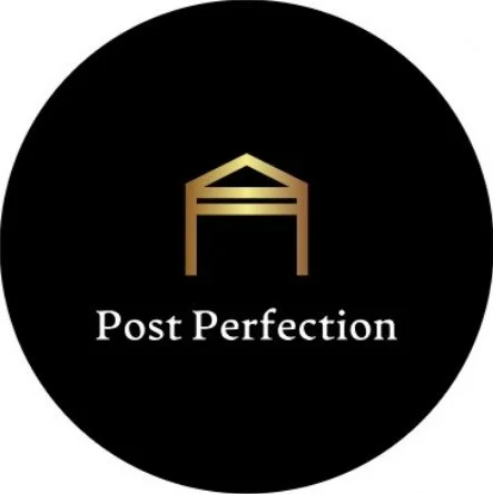 Logo with a stylized house roof in gold and the words 'Post Perfection' on a black circular background.