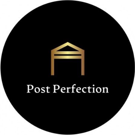 Logo with a gold geometric shape and the text 'Post Perfection' on a black circular background.