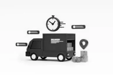 Black delivery truck with a clock, map pin, and packages.
