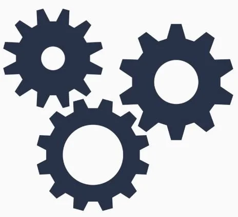 Three black gears interconnected on a white background.