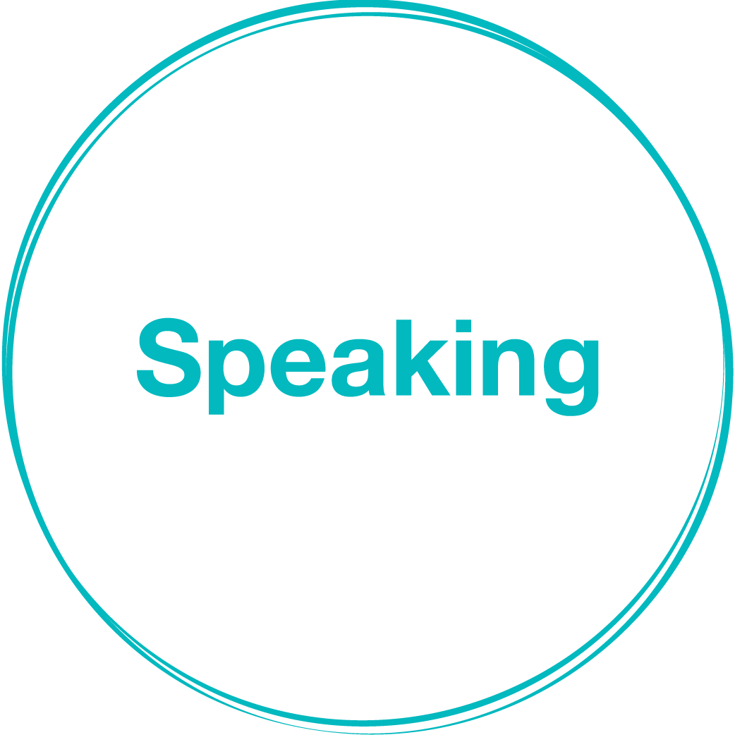 A white circular button with two teal concentric circles around the edges and the word "Speaking" in teal in the center.