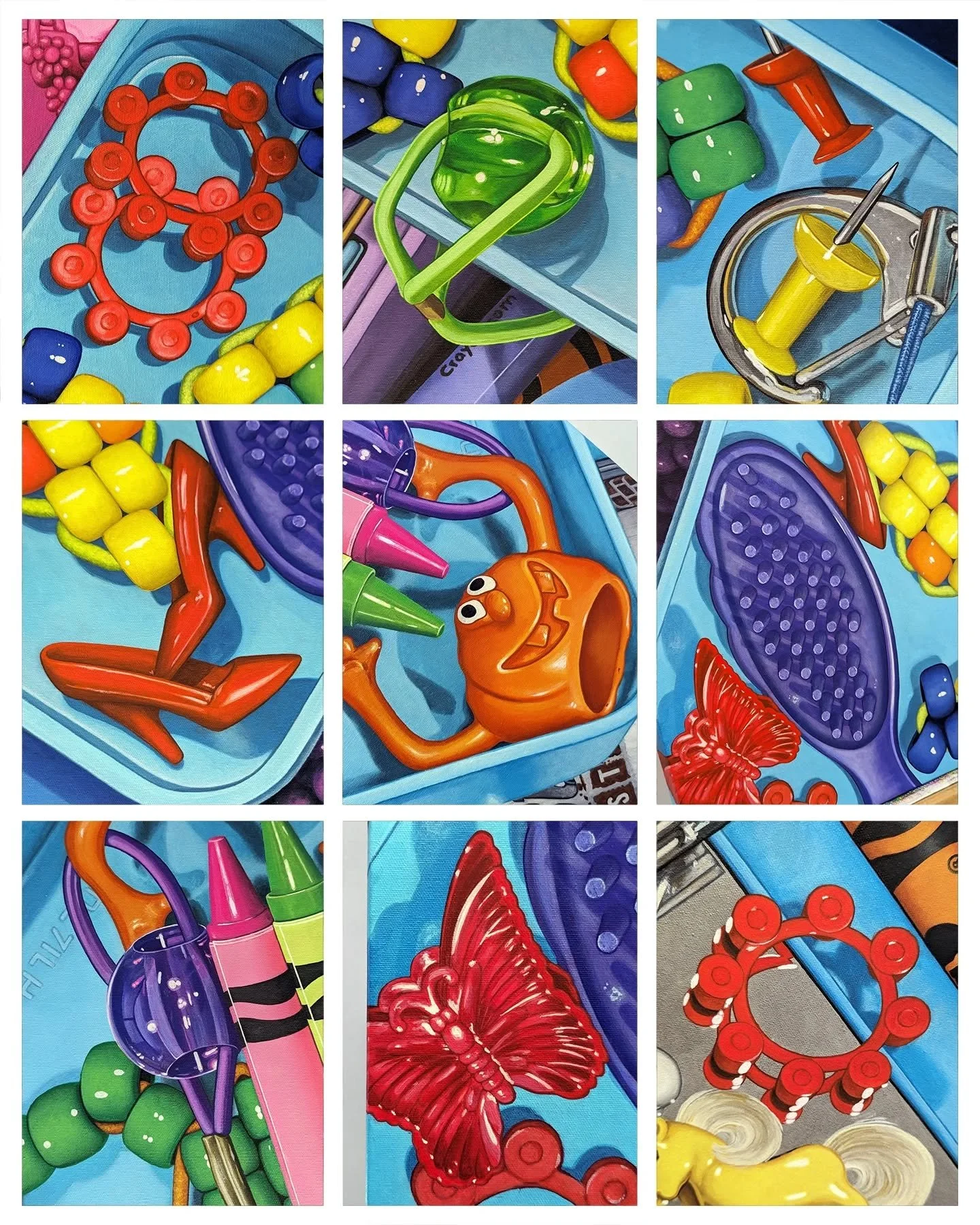 De petits objets pr&eacute;cieux retrouv&eacute;s tout au fond de ma bo&icirc;te &agrave; souvenirs. Je leur ai donn&eacute; une place sur ma toile parce qu&rsquo;ils ont tous une signification pour moi. Les souliers rouges de Barbie que je mettais &