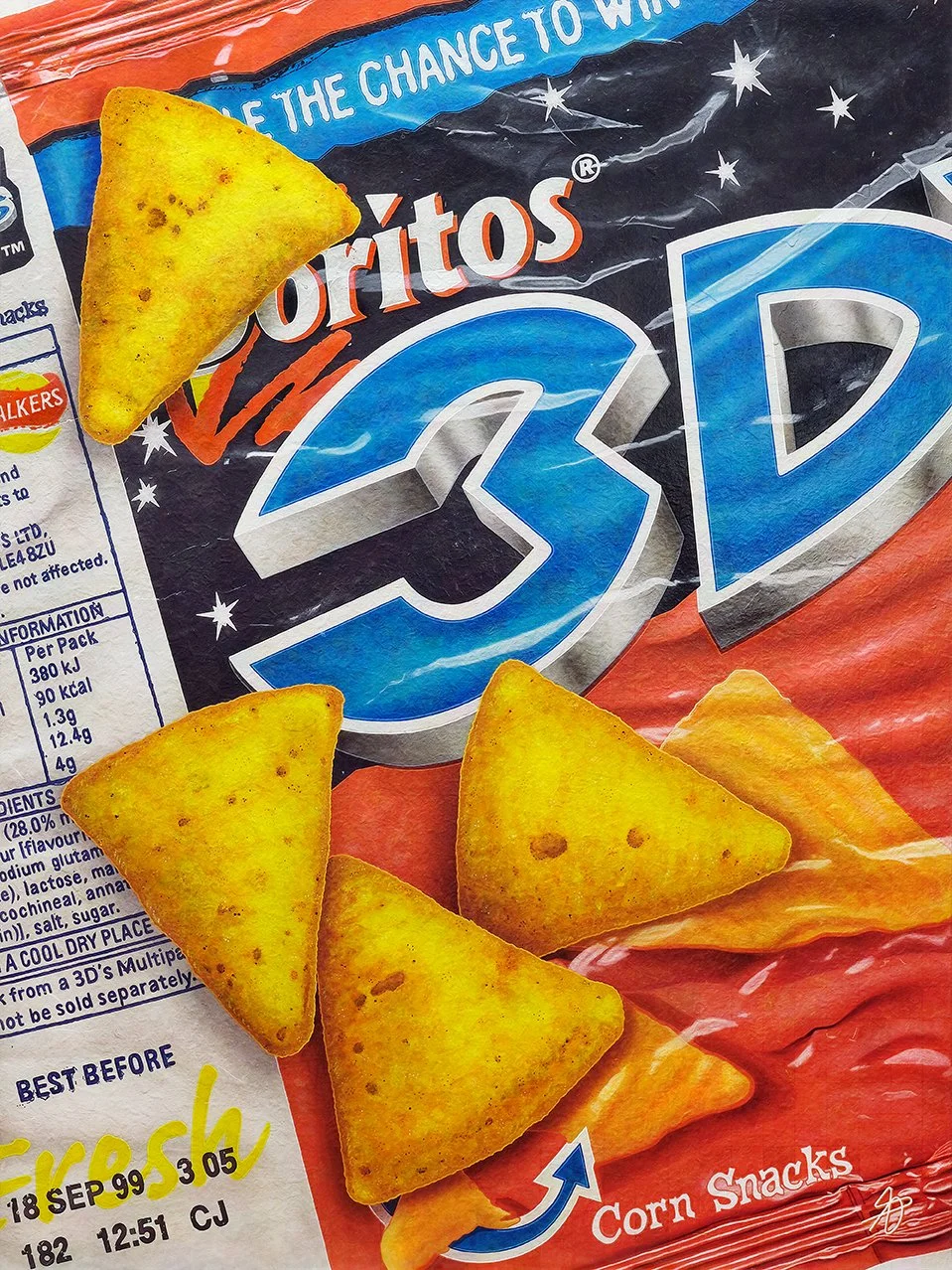 Régal tridimensionnel. Quatrième de la série Nostalgie 90. Les Doritos 3D, lancés en 1998, étaient bien plus qu'une simple collation. Leur forme tridimensionnelle unique a rapidement captivé les papilles des amateurs de collations, offrant une expéri