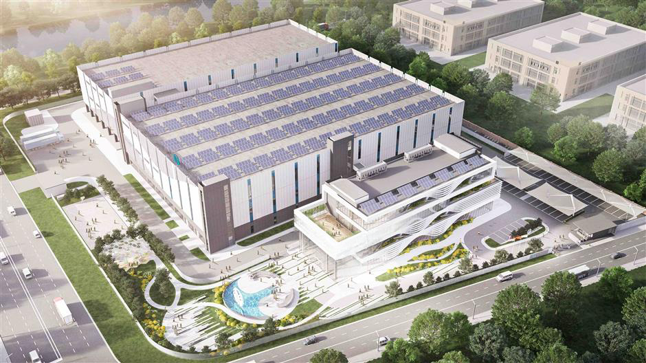 Sustainable personal care and nutritional supplement manufacturing facility in Shanghai, China with solar panels and landscaped surroundings.