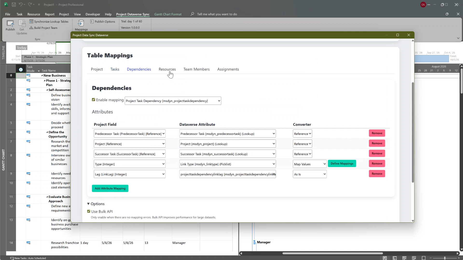 Define how project data is structured and mapped into Dataverse.

This includes multiple components of the schedule: Tasks, Dependencies, Resources, Team Members, Assignments.