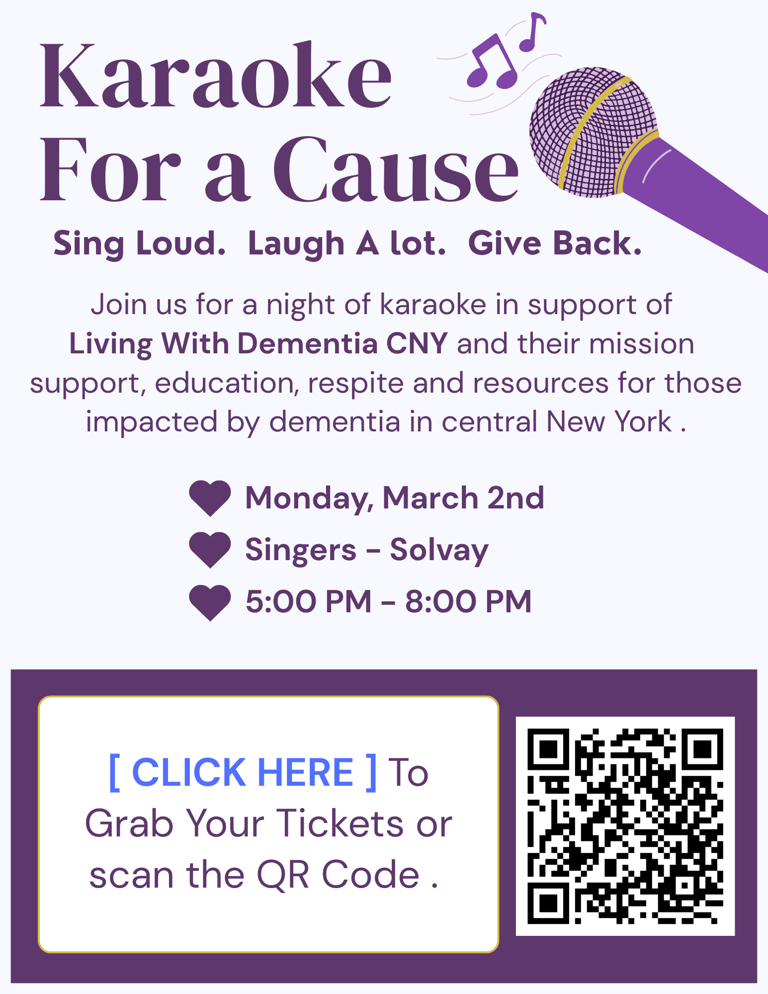 Purple and white flyer for a karaoke charity event supporting Living With Dementia CNY, featuring a microphone graphic, event details, date, time, and QR code for ticket purchase.