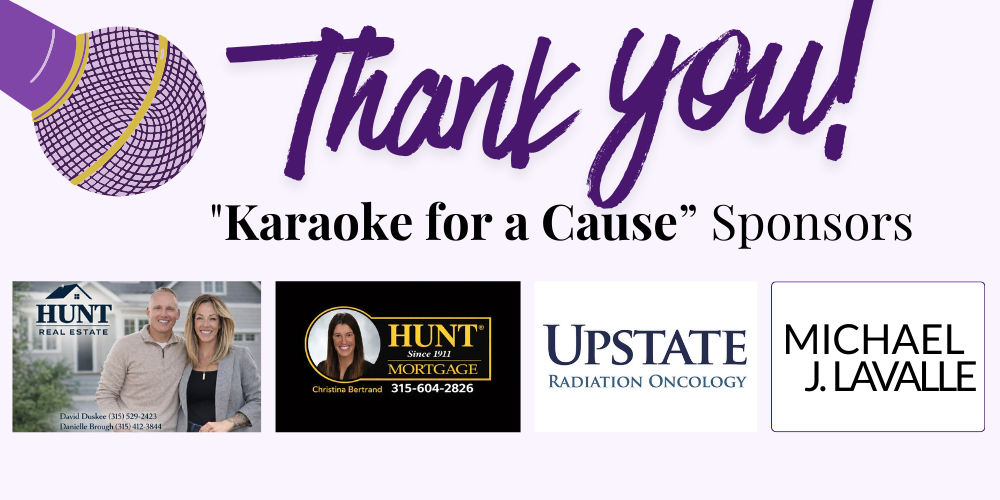Purple background with a large purple and gold disco ball in the top left corner. Text in the center says "Thank you!" in purple script and "Karaoke for a Cause" Sponsors in black. Five sponsor logos below, including Hunt Real Estate, Hunt Mortgage, Upstate Radiation Oncology, and Michael J. LaValle, with images and contact information.