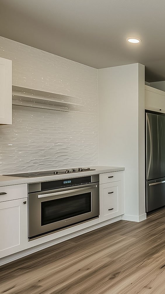 Modern kitchen with stainless steel appliances, white cabinets, and wood flooring.