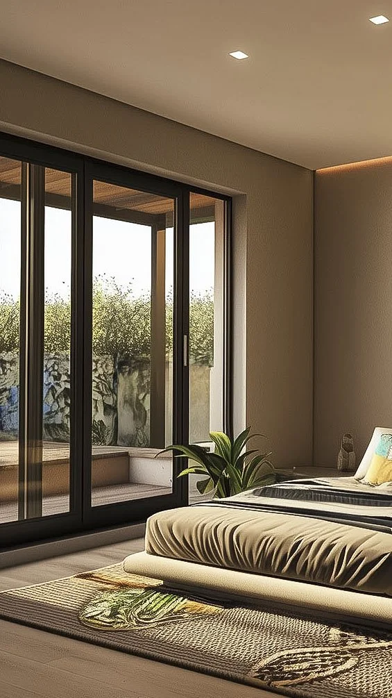 Modern bedroom with large sliding glass doors, neutral decor, a low bed with cushions, indoor plant, and a rug on a wood floor.
