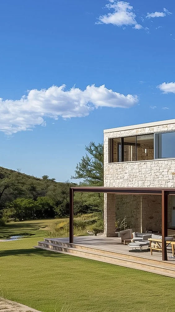 Modern stone house with patio in a grassy yard under a blue sky with clouds.