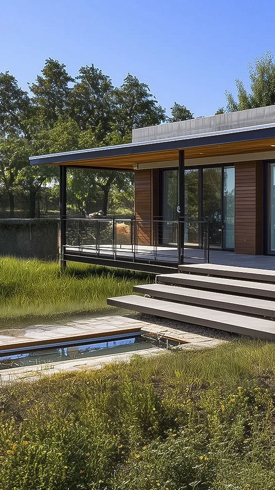 Modern house with large windows and covered porch in a grassy area