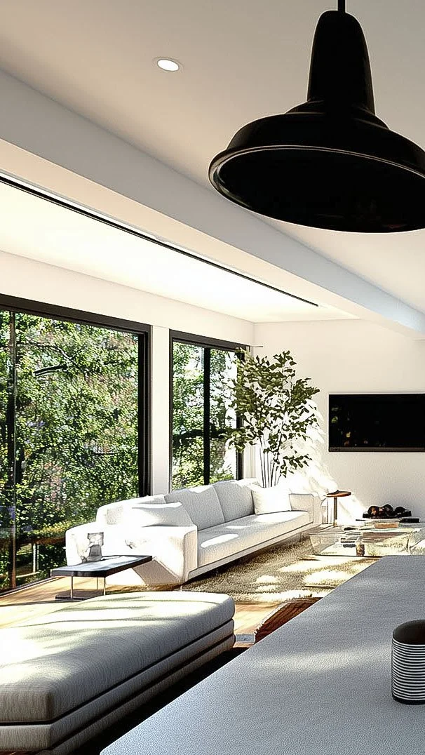 Modern living room with large windows, a white sofa, indoor plant, and black pendant lamp.