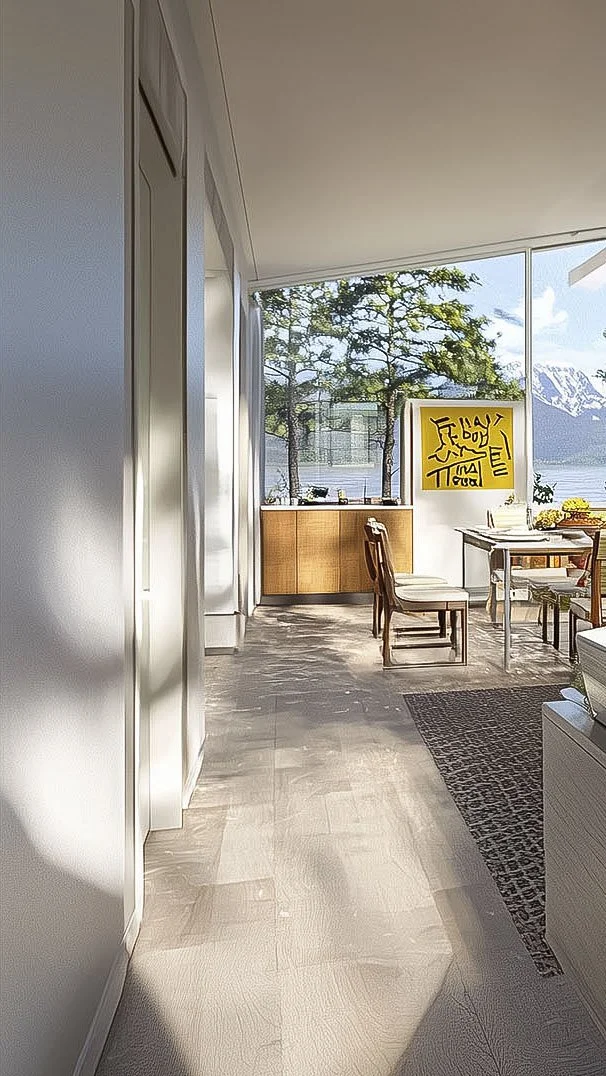 Modern dining room with large windows overlooking a lake and mountains, featuring wooden furniture and an abstract yellow painting on the wall. Sunlight casts shadows on the hardwood floor.