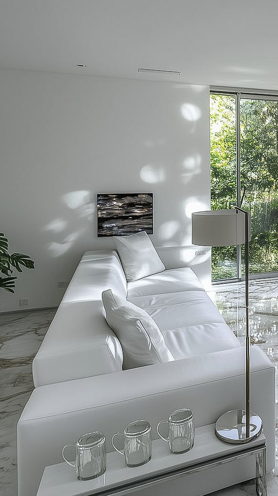 Modern living room with white sectional sofa, glass mugs on a table, and large window showing greenery