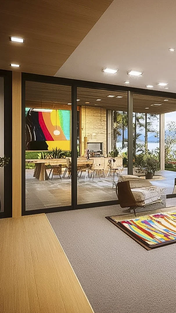 Modern living room with large glass doors overlooking a dining area, colorful artwork, stylish furniture, and a vibrant rainbow-patterned rug.