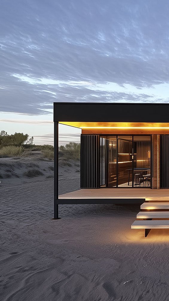 Modern minimalist house with large windows and exterior lighting on a sandy terrain under a cloudy sky.
