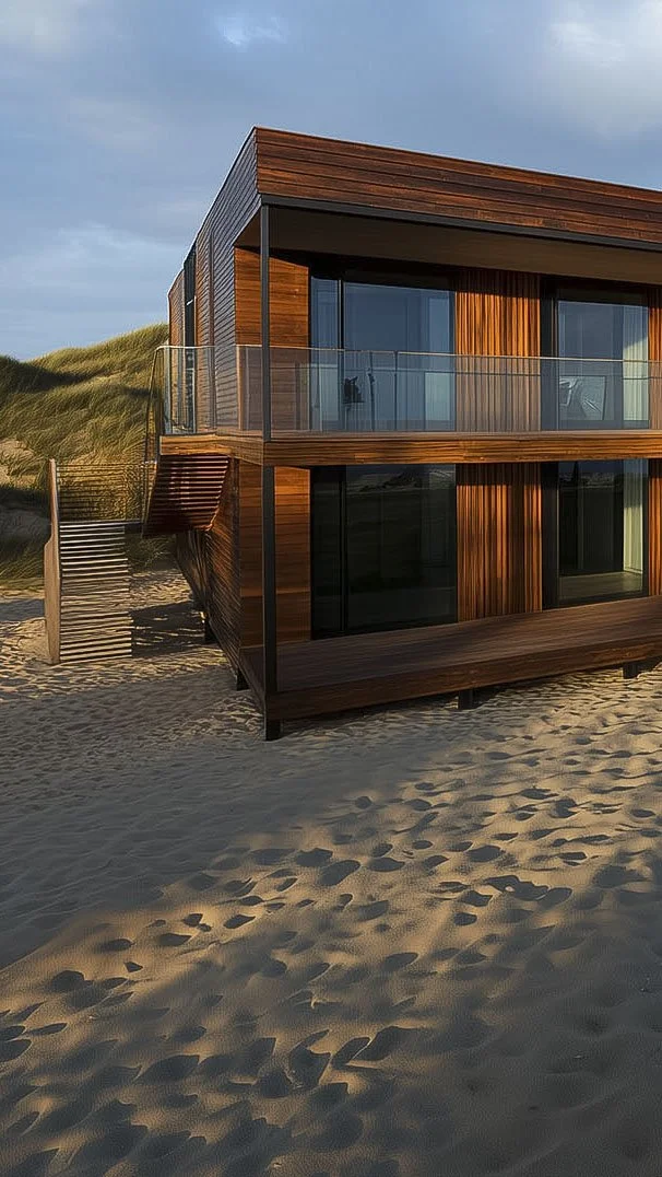Modern wooden beach house on sandy terrain with glass balconies at sunset.